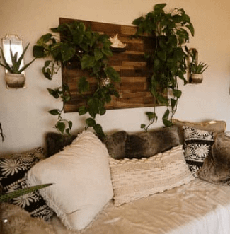 a room with wooden pellets and indoor plants on wall