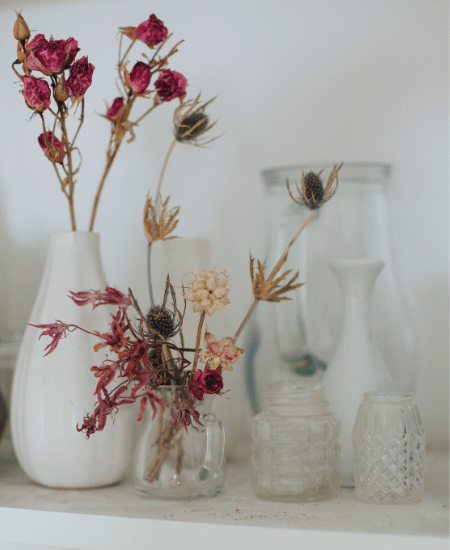 dried flowers arranged in vases to achieve a cottagecore look