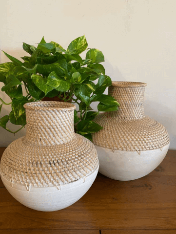 set of two white cane boho planters