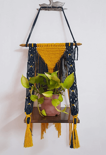 macrame wall hanging with a shelf and a plant