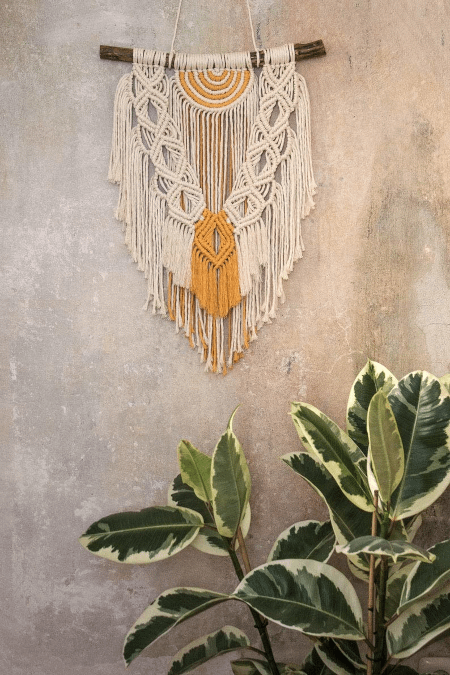 wall hanging on a wall and a plant