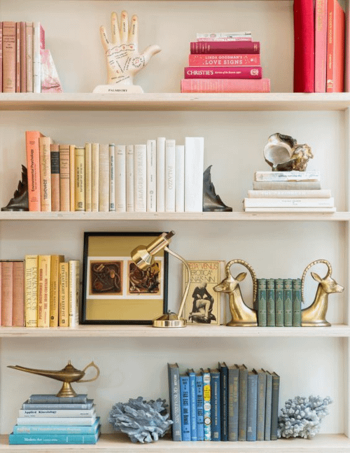 shelf styling with colour blocked books