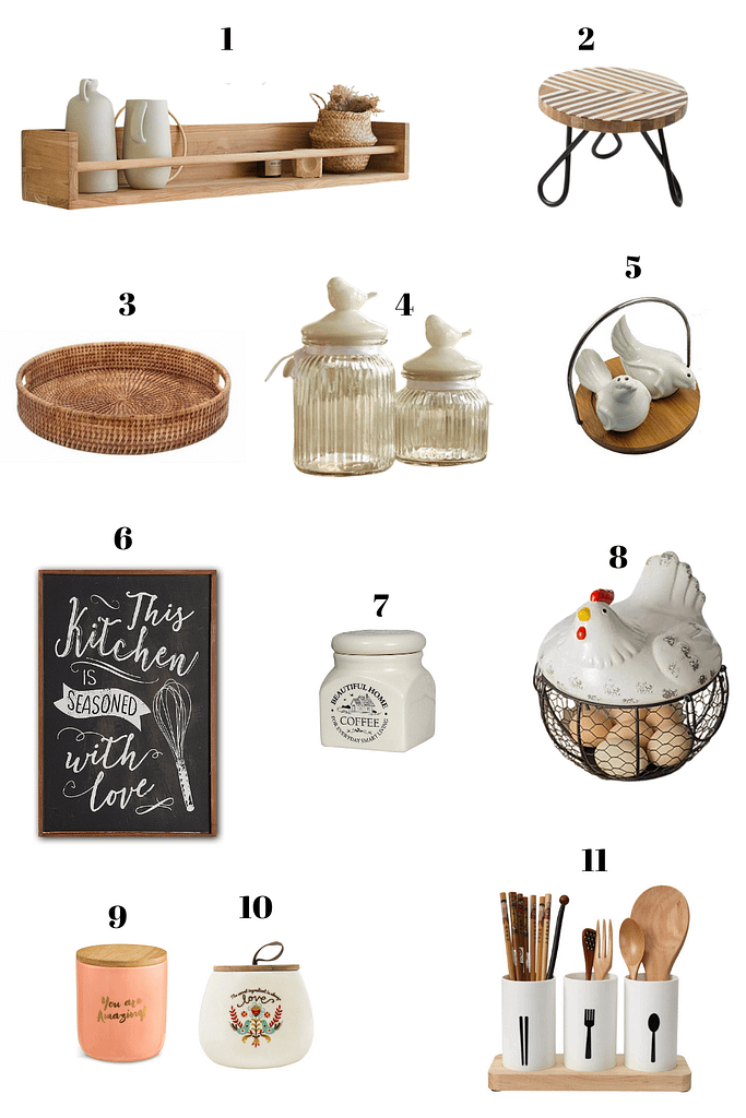 mood board showing modern farmhouse style accessories for kitchen and dining room